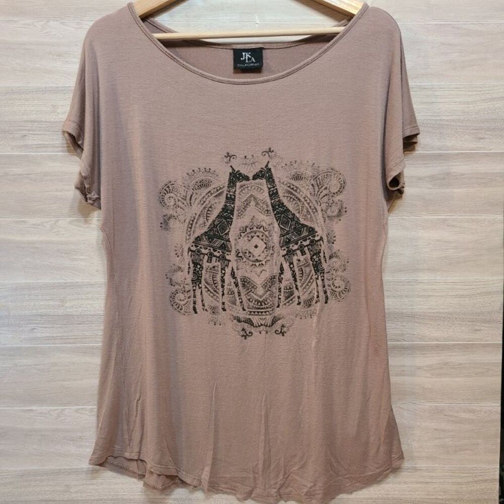JK LA California Womens T Shirt Medium M Giraffe Graphic Tee Beige Jersey Top